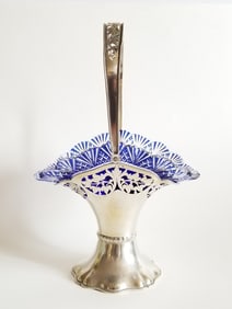 Antique Silver Basket Bohemian Cobalt Glass