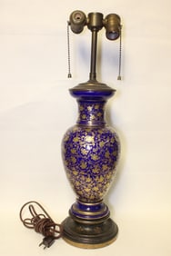 Blue Glass and Gold Leaf Painted Lamp