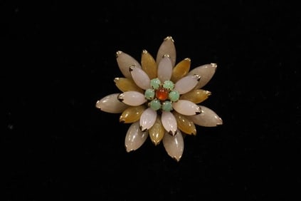 14K Multi Colored Jade Blossom Brooch Pin