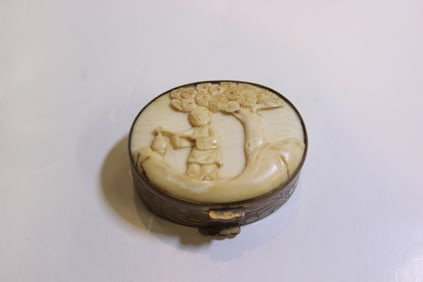 Chinese Pill Box w Carved Bone Inlaid