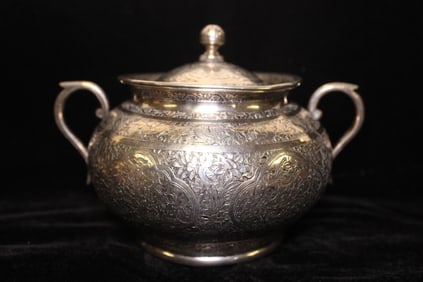 Persian Hand Chased Silver Lidded Sugar Bowl