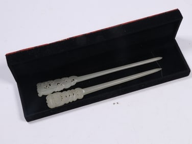 Two Chinese Jade Carved Hair Pins
