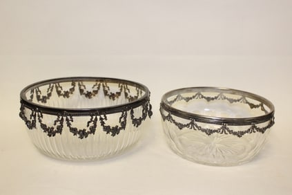 Two Antique Clear Crystal Bowls w Silver Mount