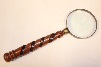 Vintage Magnifying Glass w Wooden twisted Handle .