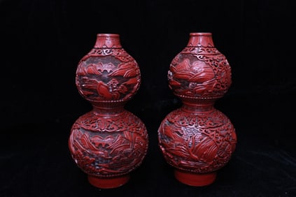 Pair of Chinese Red Cinnabar Gourd Vases