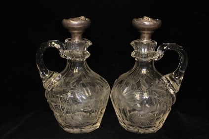 Pair of Art Nouveau Crystal Decanter w Silver Top