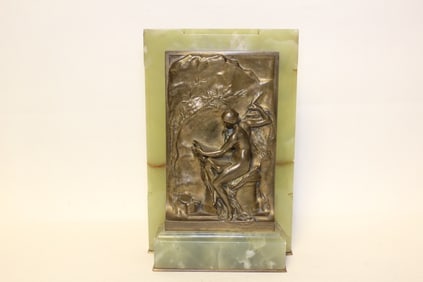 Signed"R.Chapeau" Relief Plaque w Onyx Marble