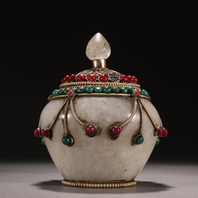 Tibetan Crystal Cover Jar w Gold Mount