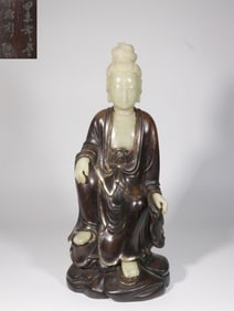 Chinese Soapstone and Zitan Wood Guanyin Statue