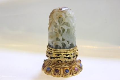 Chinese Carved Jade w Gilt Metal Base
