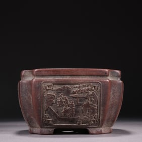 Chinese Four Scene Panel Zisha Planter