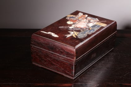 Chinese Zitan Wood Carved Box w Soapstone Inlaid