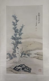 Chinese Hand Paint Ink Color Scroll Painting,Signe