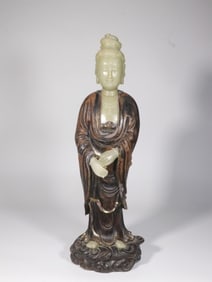 Chinese Soapstone and Zitan Wood Guanyin Statue