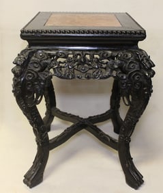 Vintage Chinese Carved Wood Marble Top Pedestal St