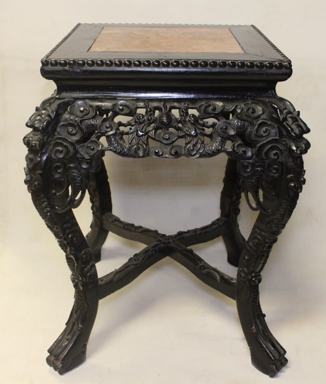 Vintage Chinese Carved Wood Marble Top Pedestal St