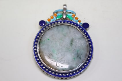 A Carved Round Jadeite Plaque w Enamel