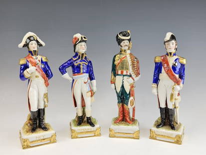 German Scheibe Alsbach Group Porcelain Figurines: A vintage German Scheibe Alsbach Group of four porcelain figurines. The figurines of Ney, Dumouriez, De Beaharnais and Bertrand. Marked and impressed on underside.