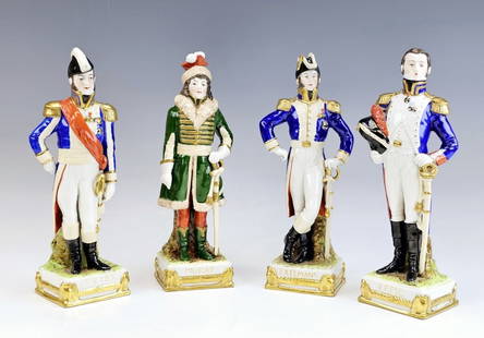 German Scheibe Alsbach Group Porcelain Figurines: A vintage German Scheibe Alsbach Group of four porcelain figurines. The figurines of Mortier, Exelmans, Murat and Lepic. Marked and impressed on underside. Size: 9 3/4 in. Height, 3 in. Width. Conditi
