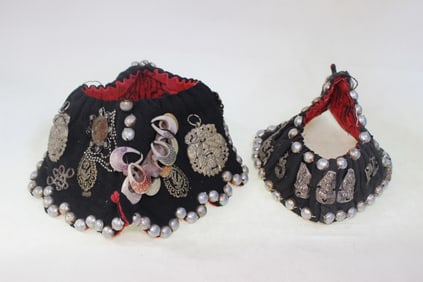 Two Antique Chinese Hats w Silver Ornaments