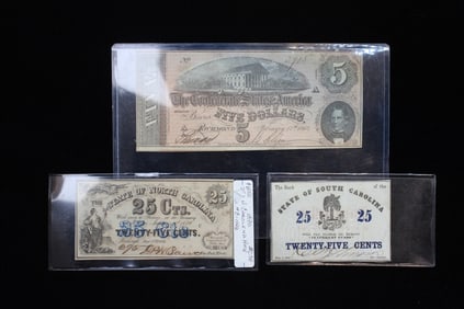 Two Antique US Twenty-Five Cents and Five Dollars