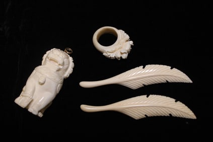 Lot of 4 Hand Carved Bone Pendant ,Ring and Brooch