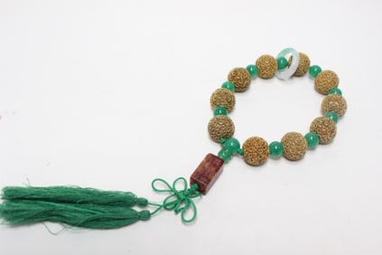Chinese Filigree Gilt Beads Prayer Bracelet w Jade