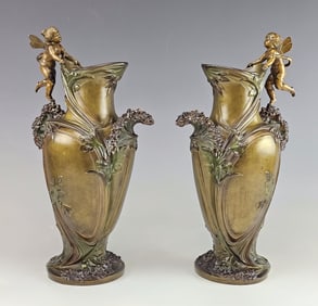 19C French Pair Bronze Patinated Vases Art Nouveau