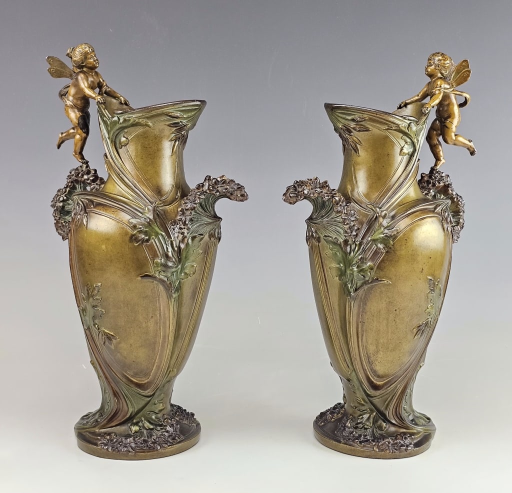 19C French Pair Bronze Patinated Vases Art Nouveau (1 of 8)