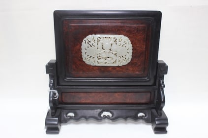Chinese Wood Table Screen w Jade Inlaid