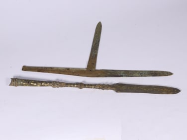 Chinese Bronze Spear and Dagger-axe w Gold Inlaid