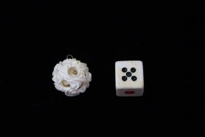 Two Hand Carved Bone Pendant and Dice