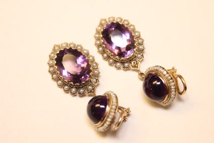 Pair of Vintage Amethyst Earrings Set w 14K Gold