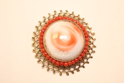 14K Gold and Coral Brooch