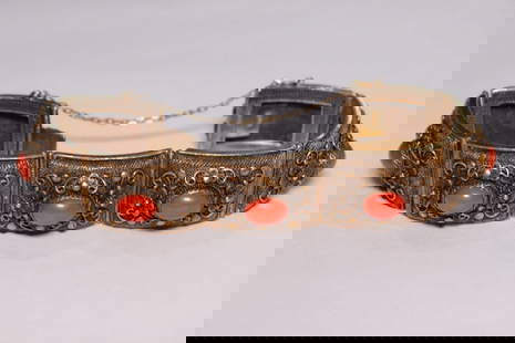 Chinese Filigree Bracelet Cuff w Coral: Chinese Filigree Bracelet Cuff w Coral Provenance: From a Long Island ,NY Private Collector