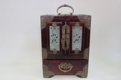 Vintage Chinese Wood Jewelry Case w Jade Inlaid