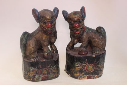 Pair of Chinese Wood Carved Foo-Dog