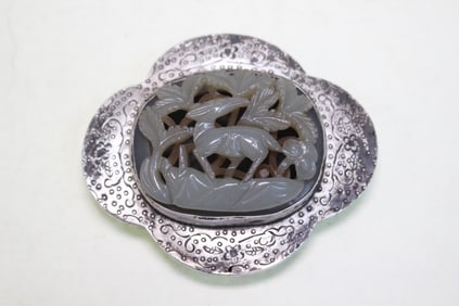 CH Jade Carved Plaque Belt Buckle w Metal Mount