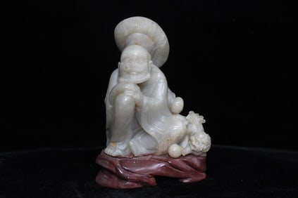 Chinese Carved Luohan Figural w Lion