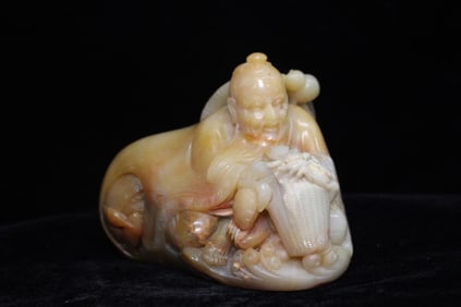 Chinese Carved Fisher Figural w Crabs