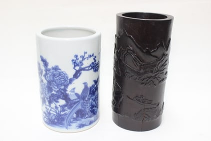 Chinese Blue&White Brushpot and Wood Brushpot