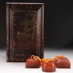 Chinese Soapstone Carved Chilong Seals Set