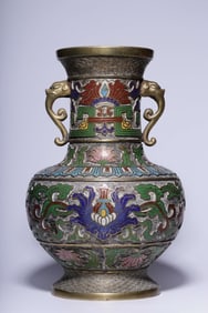 Chinese Enamel Cloisonne Vase w Handle