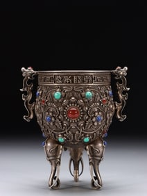Chinese Jeweled Silver Footed Cup