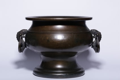 Chinese Bronze Incense Burner w Fish Shape Handles