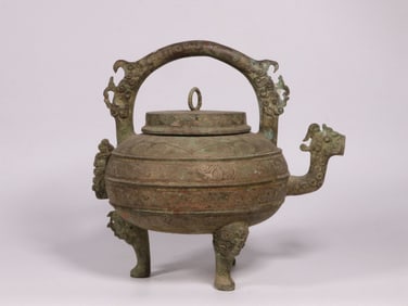 Chinese Bronze Tripod Vessel w Chilong
