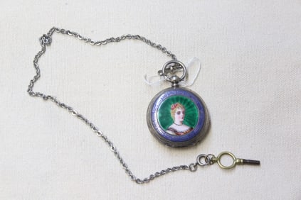 Vintage Enamel on Silver Pocket Watch w Original K
