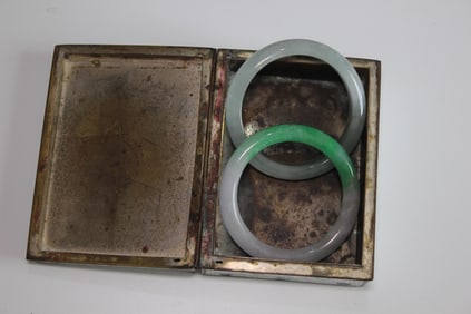 Two Jadeite Bangles with Cloisonne Box