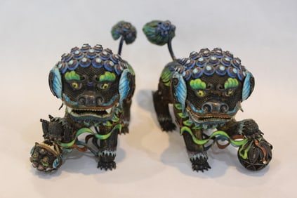 Pair of Vintage Chinese Silver Enamel Foo-Dog
