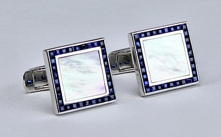 Fine 18K Gold Sapphires Mother of Pearl Cufflinks